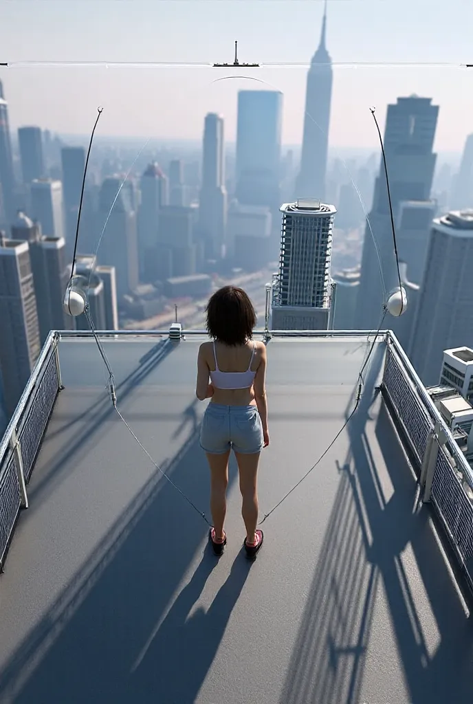 Create this image as a girl standing on the rooftop of a building. Make it realistic. Use the image too. 