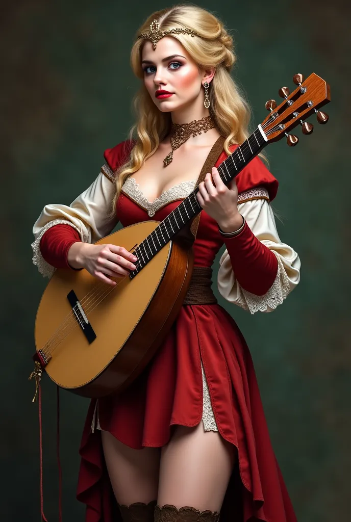 Female bard from medieval Europe, voluptuous body, red lipstick, blush, elegant and light makeup, blonde hair, light eyes, short low-cut dress, sensual lace choker, amulet, earrings, tiara, boots and playing the lute