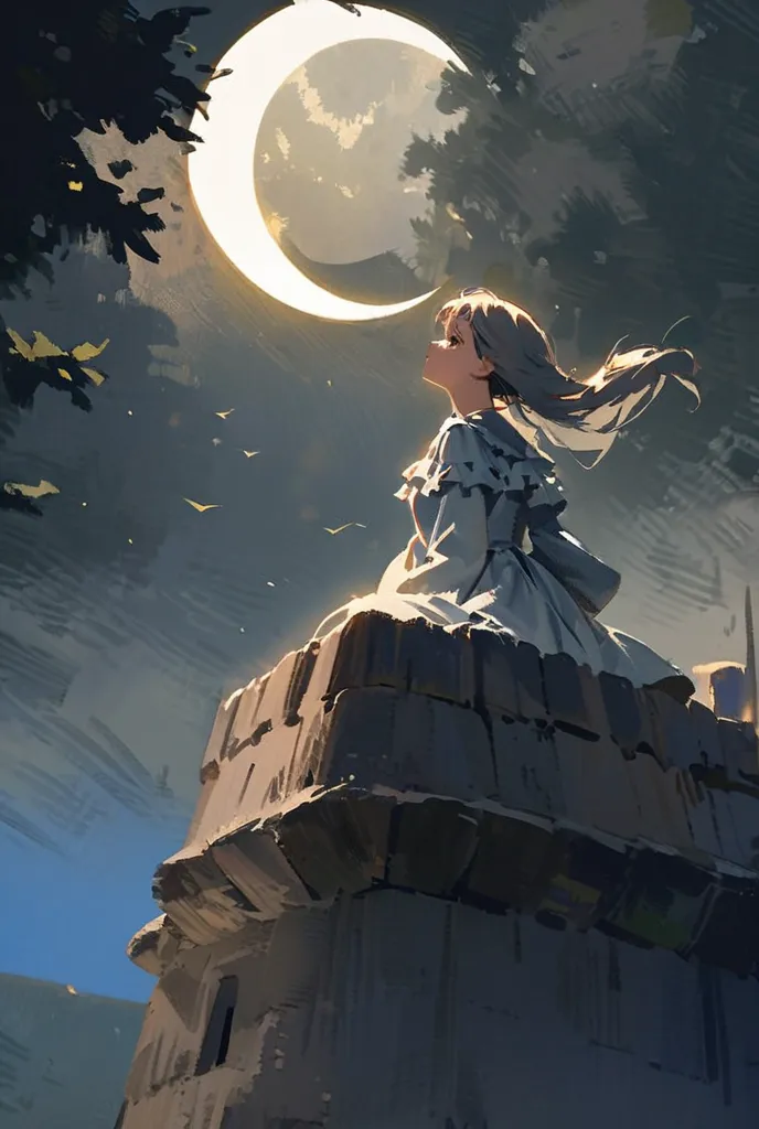 Girl standing on the roof of a castle look at the moon 