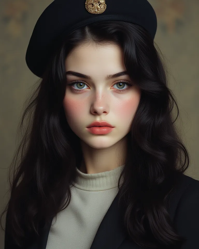 realistic photo 4K beautiful 16-year-old EUROPEAN girl, Long LACEO dark black hair collected,  white porcelain skin, blue eyes CELESTE,  reddish lips eyebrows, blushed cheeks, wears a black suit and military beret, This is looking at the viewer,  high reso...