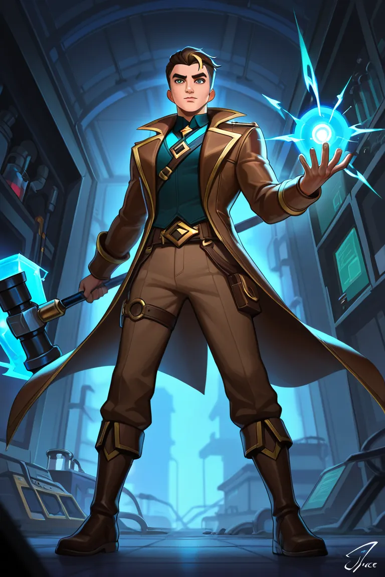 Create the cartoon character Jayce from League of Legend in his laboratory with his power hammer