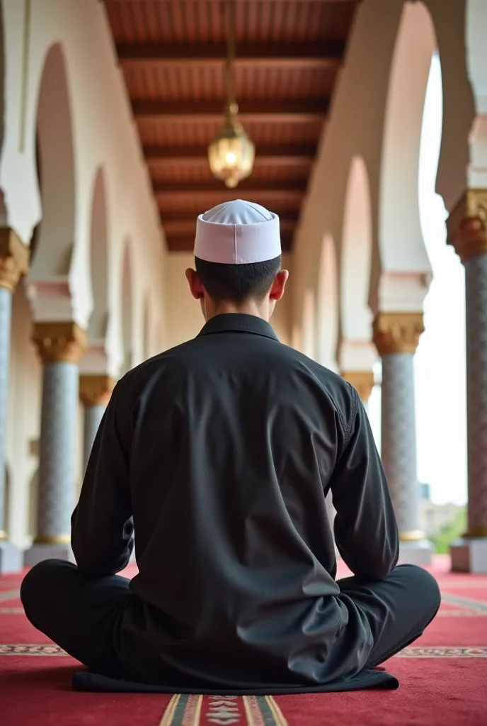 asian guy wearing moslem outfit, sit and pray inside a mosque, looking to the camera