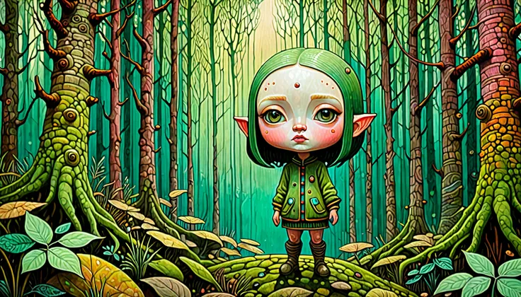 chibi human, otherwordly forest, (Odd Nerdrum), (Aaron Jasinski), colorful stippling, jade color accent, natural tone, (detailed:1.4), best quality, H!D