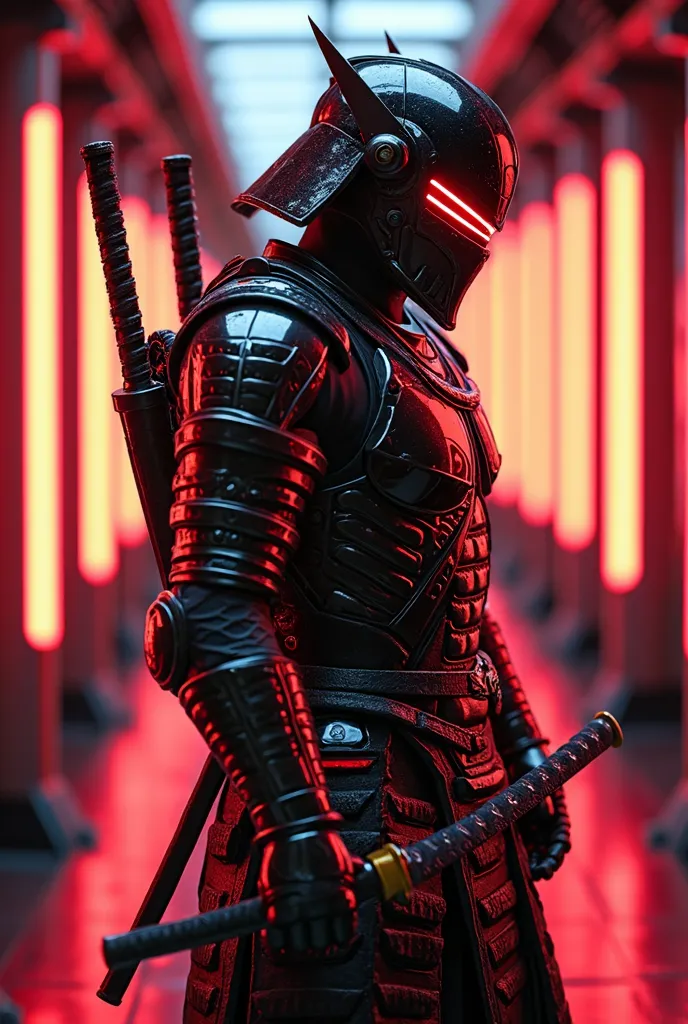 Futuristic cyber samurai warrior, dressed in black chrome high-tech armor with red neon accents, , a highly detailed armor surface,  shiny metal. Formidable posture, holding two katanas behind (or), bright red lights on the helmet and armor, futuristic cor...