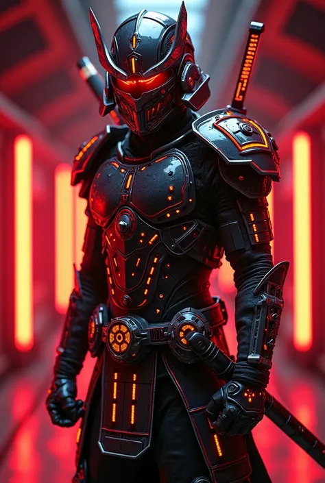 Futuristic cyber samurai warrior, dressed in black chrome high-tech armor with red neon accents, , a highly detailed armor surface,  shiny metal. Formidable posture, holding two katanas behind (or), bright red lights on the helmet and armor, futuristic cor...