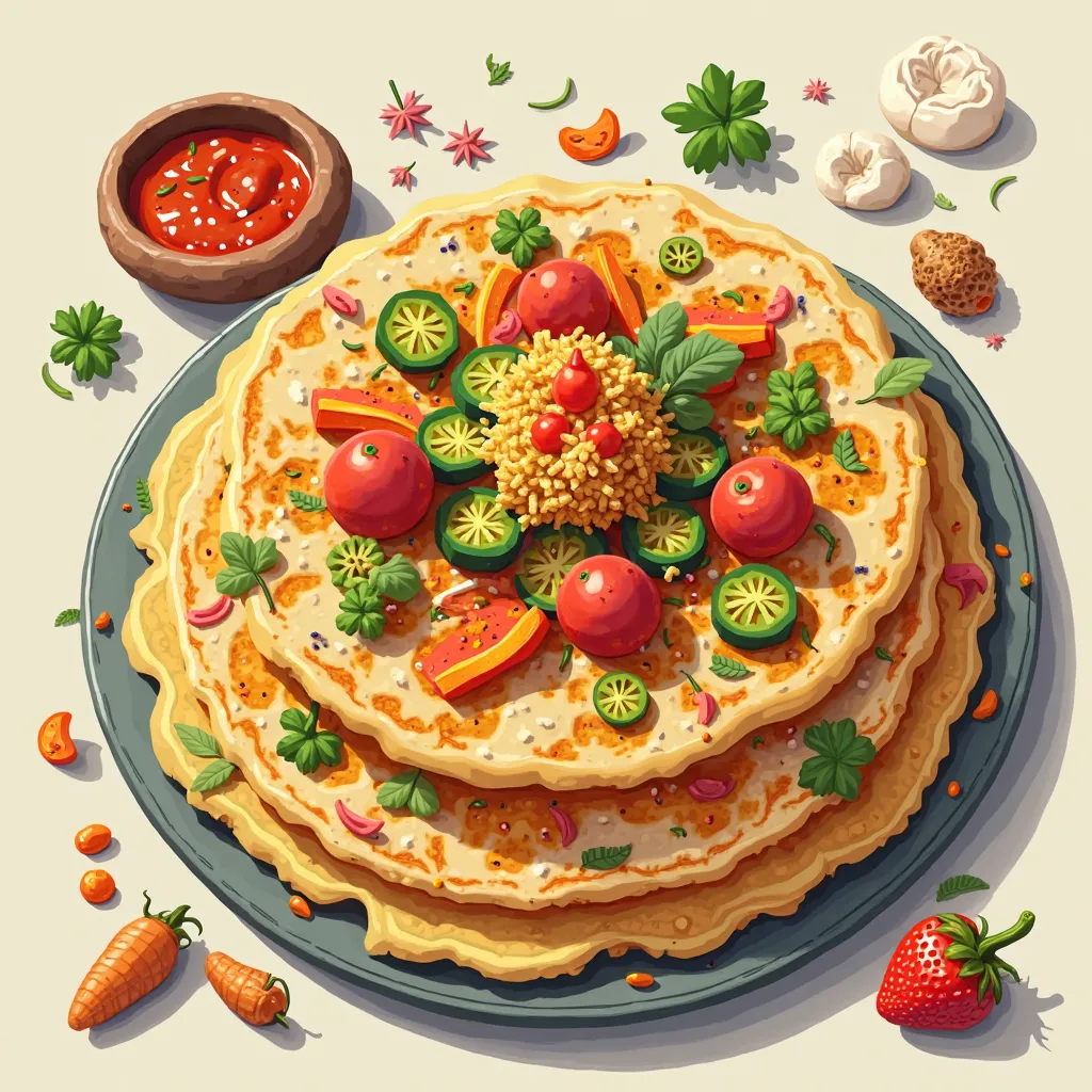 Uttapam (salty Indian pancake with vegetables and spices). but like a lively, in a cool pose