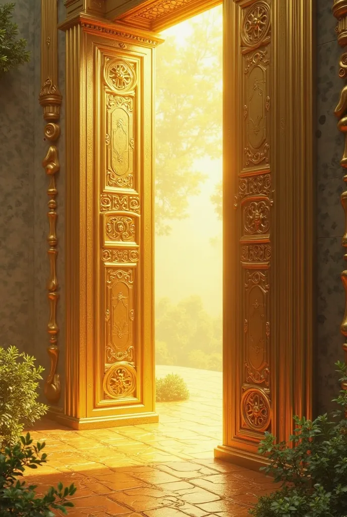 A great golden door opening onto an illuminated path, representing blessings and opportunities. The environment conveys prosperity and hope."
