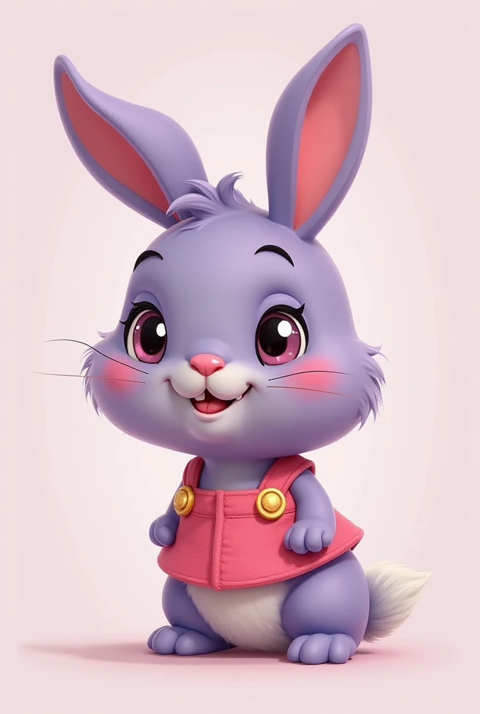 Genere moi un lapin qui se tien debout il sera de couleur fort violette avec une salopette rose avec des bouton jaune rajoute lui des gant jaune et un sourire malicieux sur son visage met le dans un style cartoon 