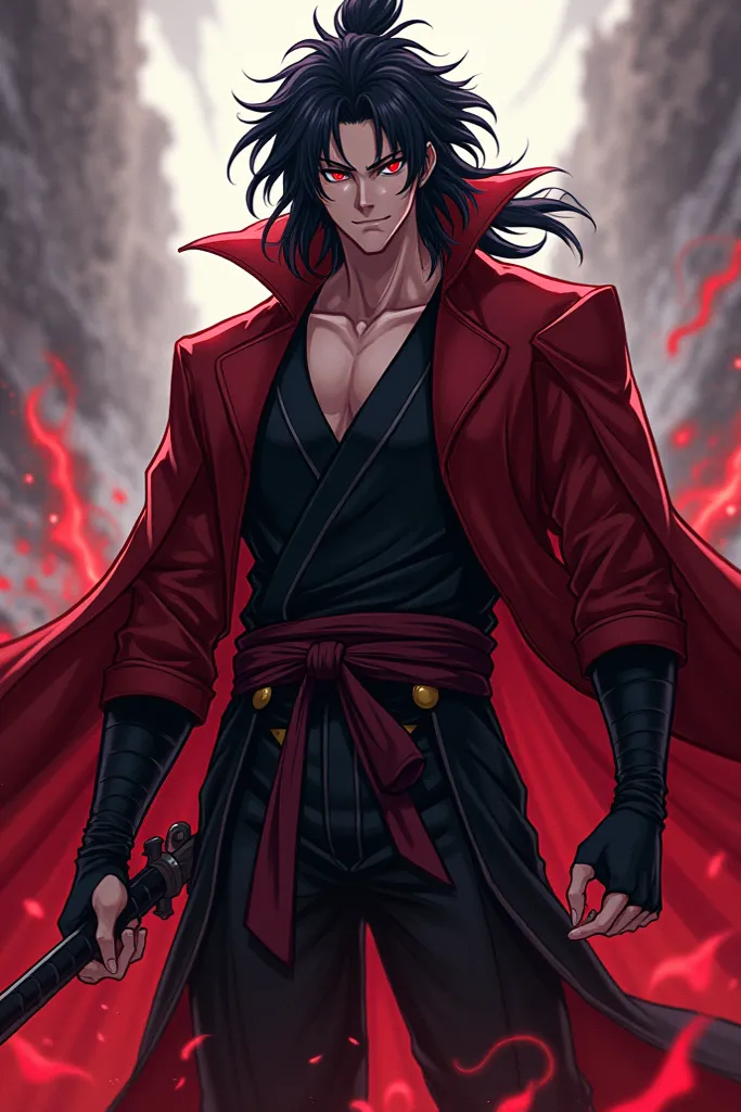 Rengoku Kyojiro brother, Black hair, Male, Red eyes, Demon slayer photo with a weapon