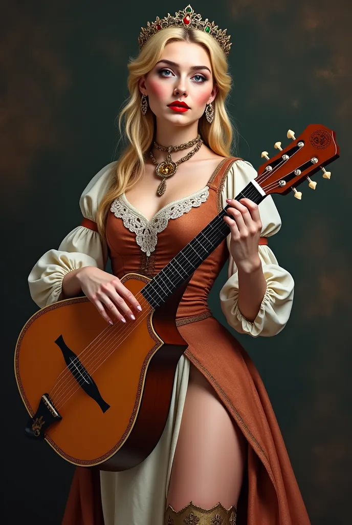 Female bard from medieval Europe, voluptuous body, red lipstick, blush, elegant and light makeup, blonde hair, light eyes, short low-cut dress, sensual lace choker, amulet, earrings, tiara, boots and playing the lute