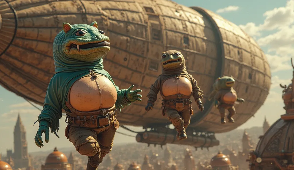 Jabba Hutt and Sexy steampunk girls with large inflatable breasts wearing balloon hats and a transparent corset wearing futuristic glasses are flying inside the airship. In front of a steampunk building,  day