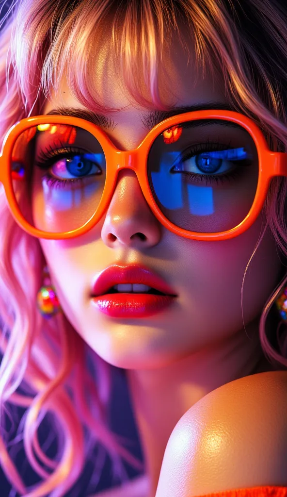  8,000,  masterpiece,  of the highest quality,  full of energy , Oversized Orange Sunglasses, reflective lens, Bright pink lipstick,  curly blond hair , Neon Colors, Electric Blue Reflections, Vintage 80s Style,  Dramatic Lighting , high contrast, Vivid ma...