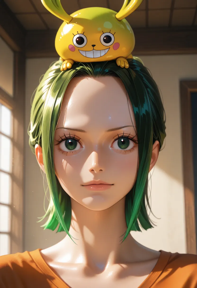 masterpiece, best quality, vibrant, very aesthetic, high contrast, photorealistic portrait,beautiful detailed face,detailed texture,detailed skin, newest,BREAK 1girl,one piece,source_one piece,makino,green hair,forehead,banadana on head,shirt,room,realisti...