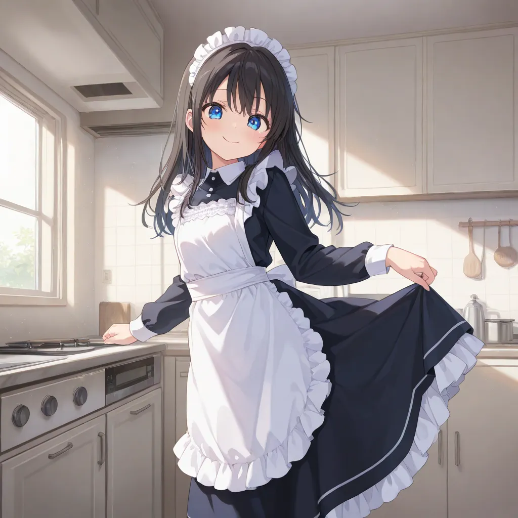 best quality, amazing quality, high resolution, ultra-detailed, anime colored, (perfect anatomy), masterpiece, very aesthetic, absurdres, newest, hyper detailed, intricate, beautiful, (intricate details), detailed face,1girl, frilled maid dress, kitchen, s...