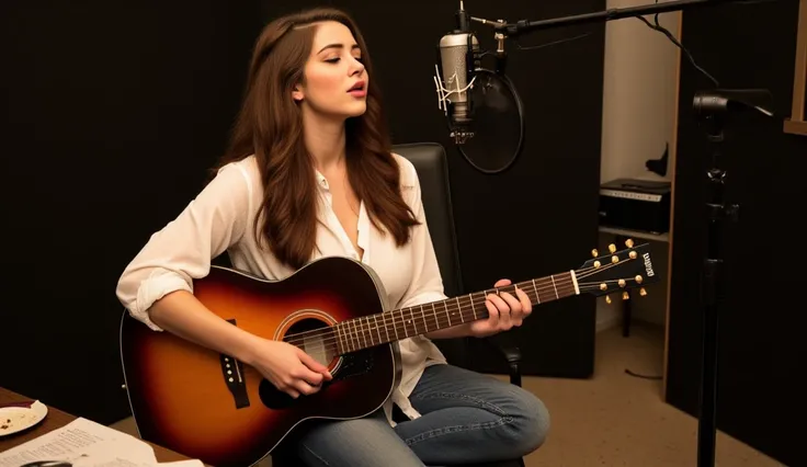 A young woman with long, wavy brown hair and fair skin, wearing a loose white shirt and casual jeans, sitting comfortably in a professional recording studio, playing an acoustic guitar and singing with deep emotion. Her fingers gently strum the strings whi...