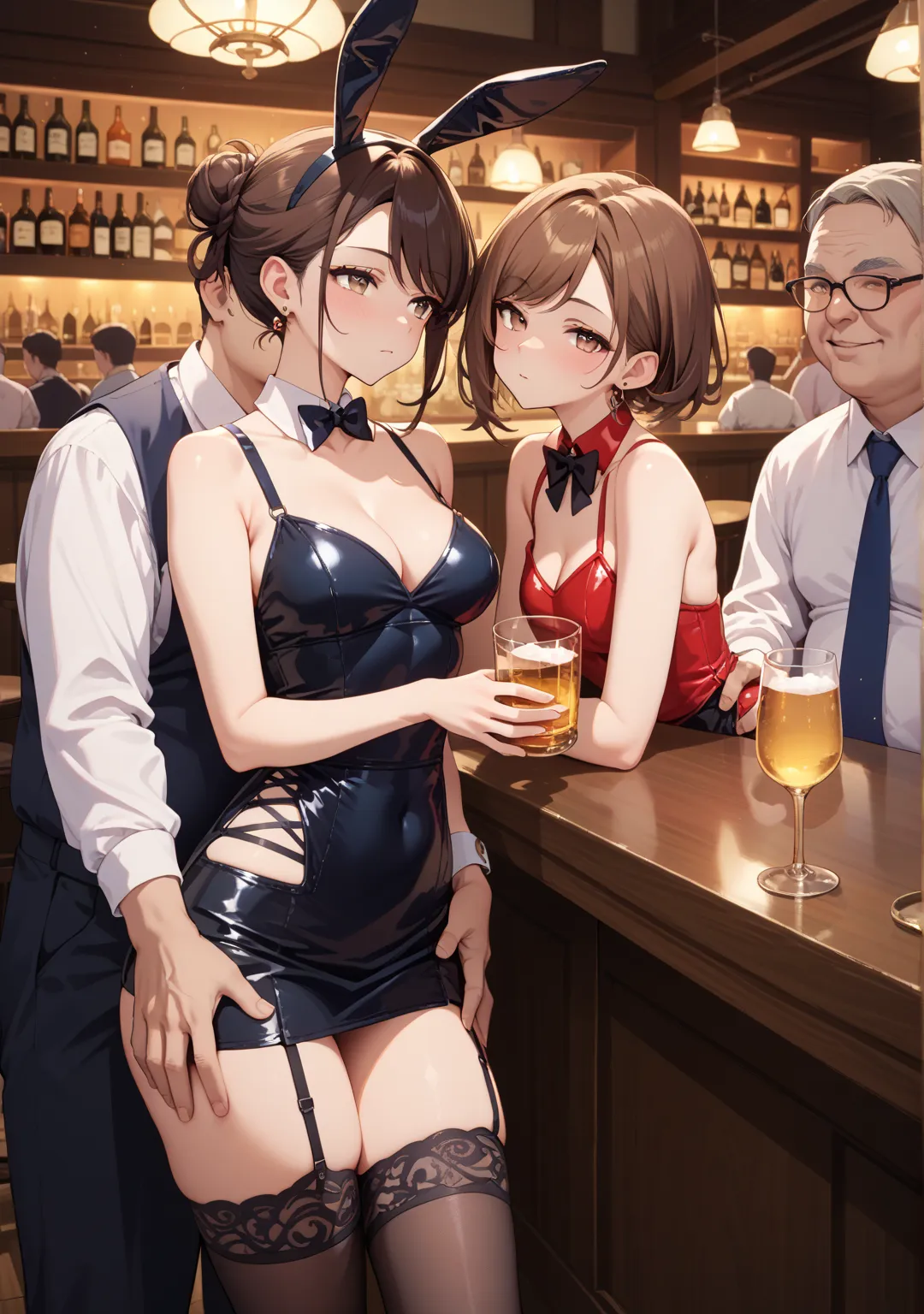 Gangbang,nsfw,fat old man,bar counter,1 girl,low bun,brown hair,brown eye,short hair,swept bangs, expressionless, her eyelids heavy,sit,Alcohol,bunny girl,night,,,nsfw,fat middle age men, drunk, hand on another’s thigh,standing,suspender stockings、garter b...