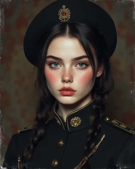 realistic photo 4K beautiful 22-year-old girl European features, She is Russian ,  LACEO dark black hair tied up,  white porcelain skin, blue eyes CELESTE,  reddish lips eyebrows, blushed cheeks, wears a black military dress and military beret, This is loo...