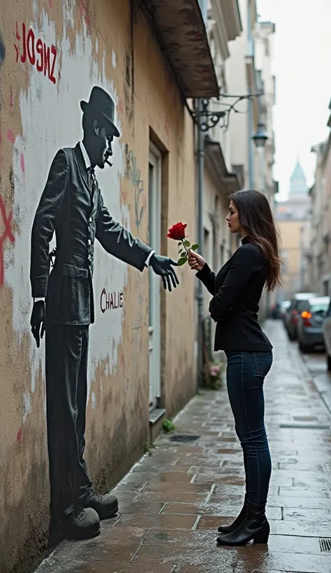 Charlie Chaplin's character, extends vividly in 3D from a stencil mural on a graffiti-covered wall with the letters"JOSMZ".This three-dimensional arm reaches out of the mural, offering a single, highly realistic red rose to a beautiful voluptuous woman wea...