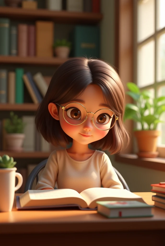 Create 3D Pixar-style post reading the Bible sitting at a study table with brown hair short to the shoulder wearing gold glasses brown eyes