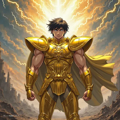 The man is wearing the golden armor of Virgo, that is detailed and covered by golden plates that fit his body perfectly, with a cape that flows behind him.  his hair is black and short ,  and her eyes , Big and intense,  they are completely black , conveyi...