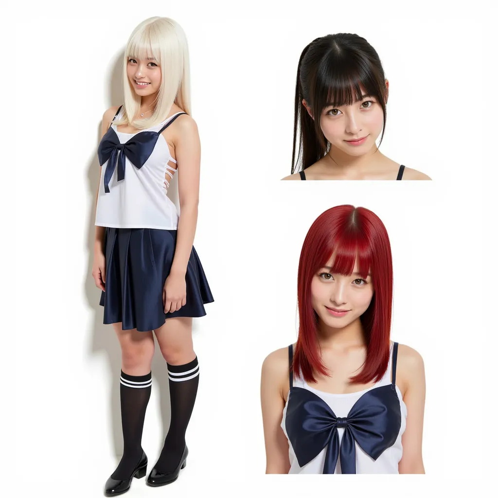 Silky smooth hair、Three hair colors: white blond hair, black hair, and red hair、Flush the bangs、 hairstyle is straight、Long hair up to chest、brown skin、uniform、、ponytail、miniskirt、High school girl style knee-high socks