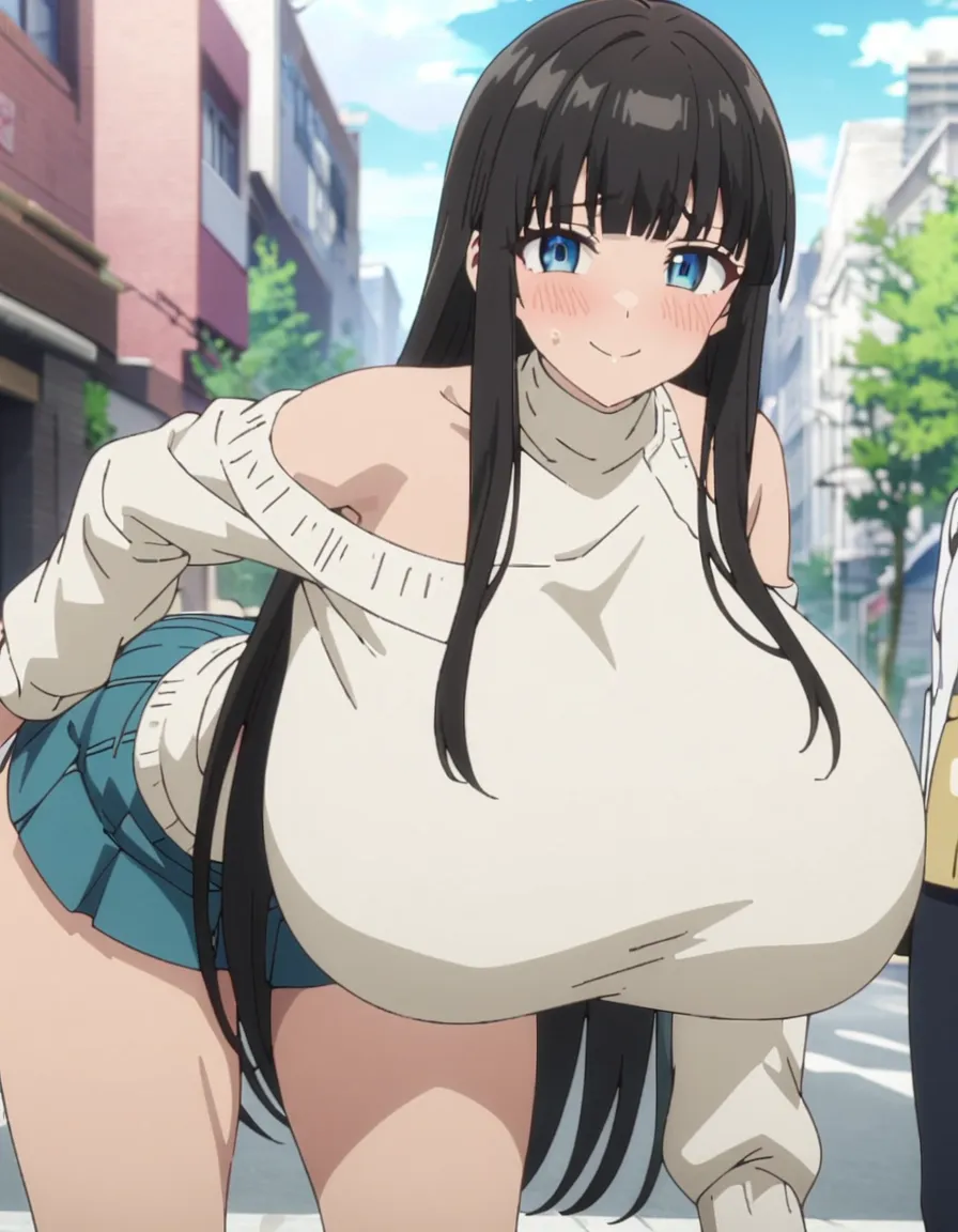 masterpiece, best quality, very aesthetic, absurdres, newest, source anime, anime screencap, 1girl, Hime cut, super long black hair, straight bangs, blue eyes, gigantic breasts, wears an off-the-shoulder white sweater,  micro mini skirt, smile, blush, shy,...