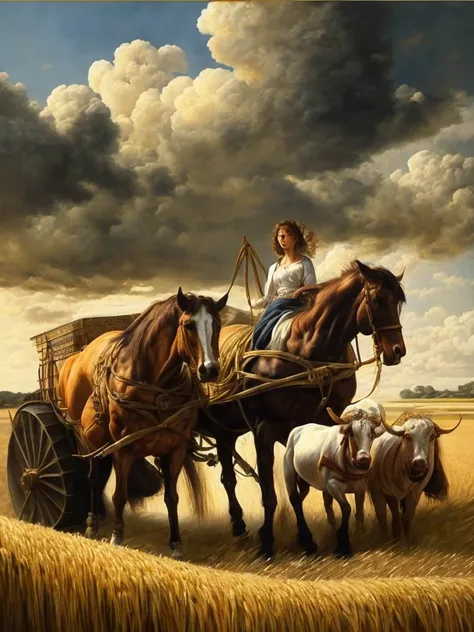 Ultra-detailed cinematic oil painting in Leonardo's style_ferry , Caravaggio and Miguel Angel.  a super-detailed with intense wheat fields, livestock ,  tractors , workers working, trucks carrying products, barns  , the image evokes the power and simplicit...