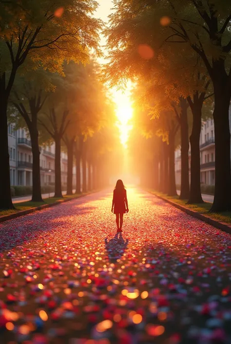 An empty avenue covered with confetti at dawn, with golden sunbeams illuminating the ground. The image symbolizes the end of the party and the beginning of a new cycle.