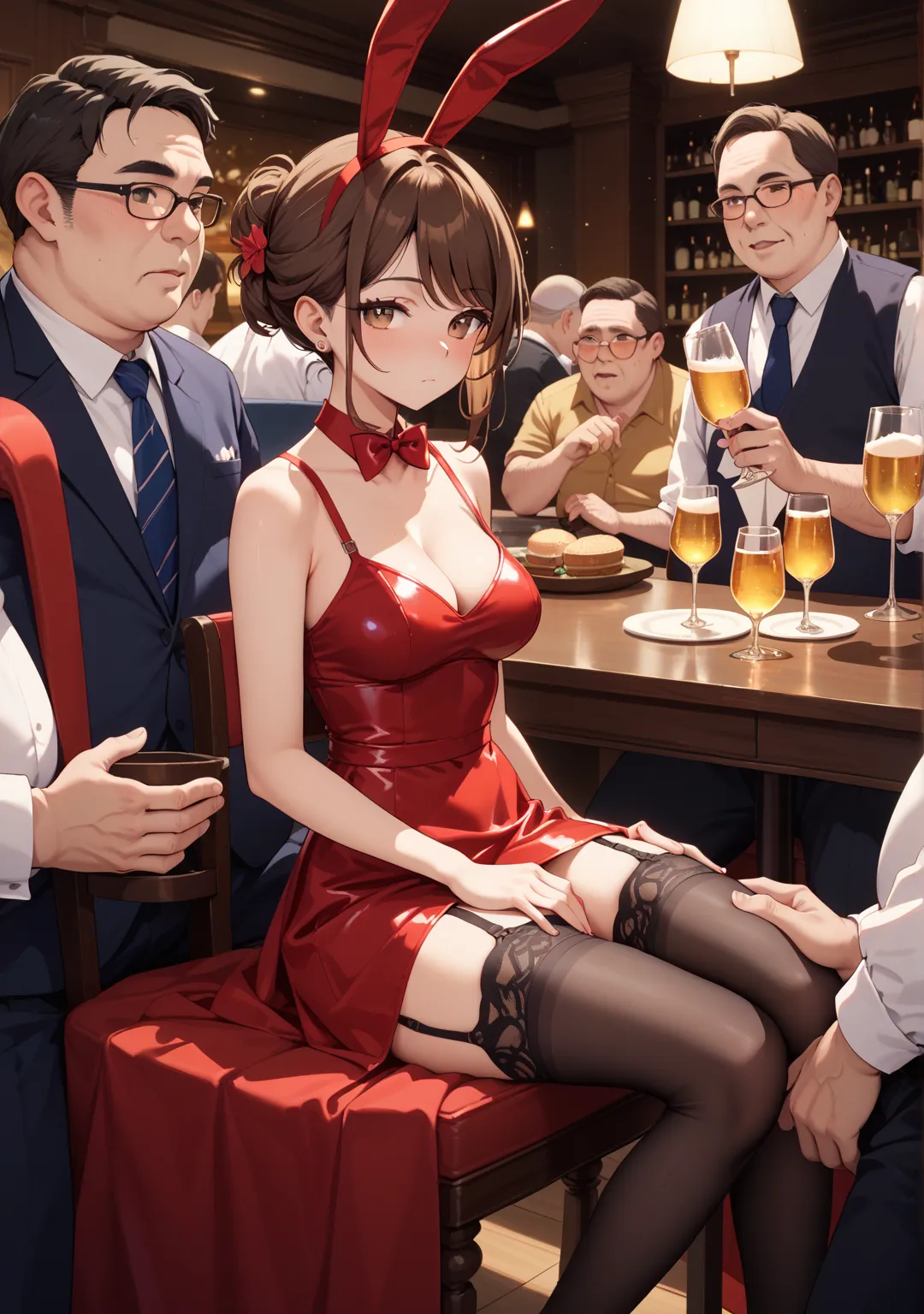 Gangbang,nsfw,fat old man, lounge,1 girl,low bun,brown hair,brown eye,short hair,swept bangs, expressionless, her eyelids heavy,sit,Alcohol,bunny girl,night,,,nsfw,fat middle age men, drunk, hand on another’s thigh,standing,suspender stockings,garter belt