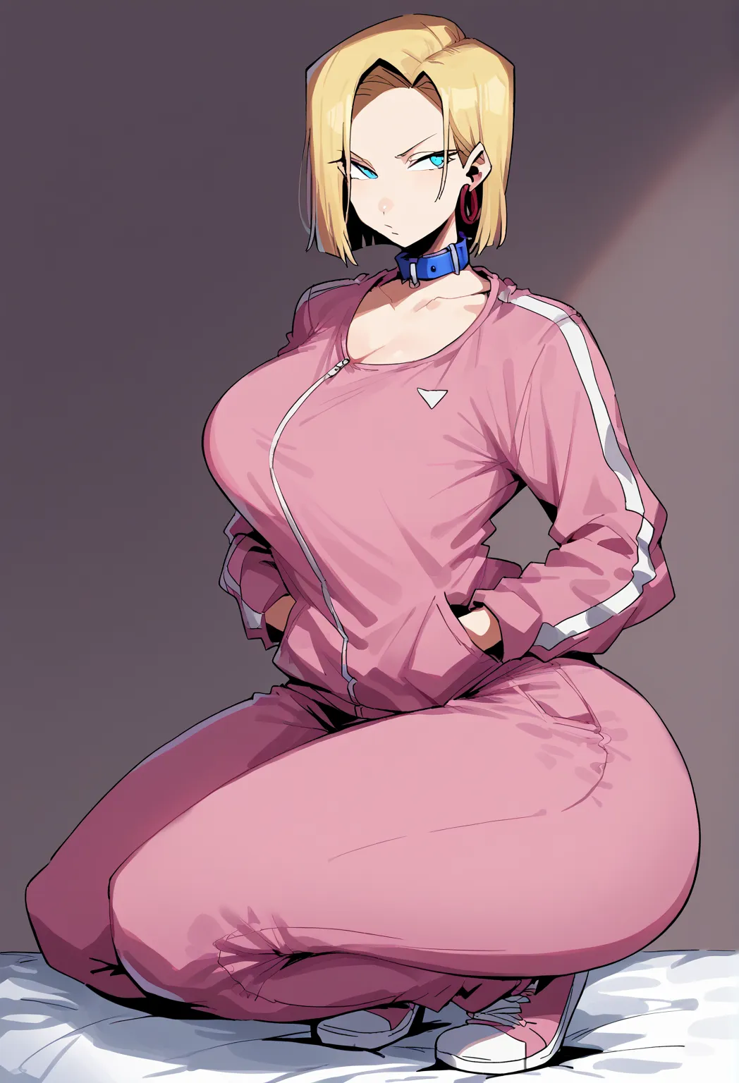 detailed face, android 18, Venusbody, 1 girl, Alone , looking at the spectator, short hair, blue eyes,  by the blond hair, hair covering her eyes, Big breasts,  collarbone, hoop earrings, bedroom, collar arrives,  track-suit ,  pink jacket, track-suit, pan...