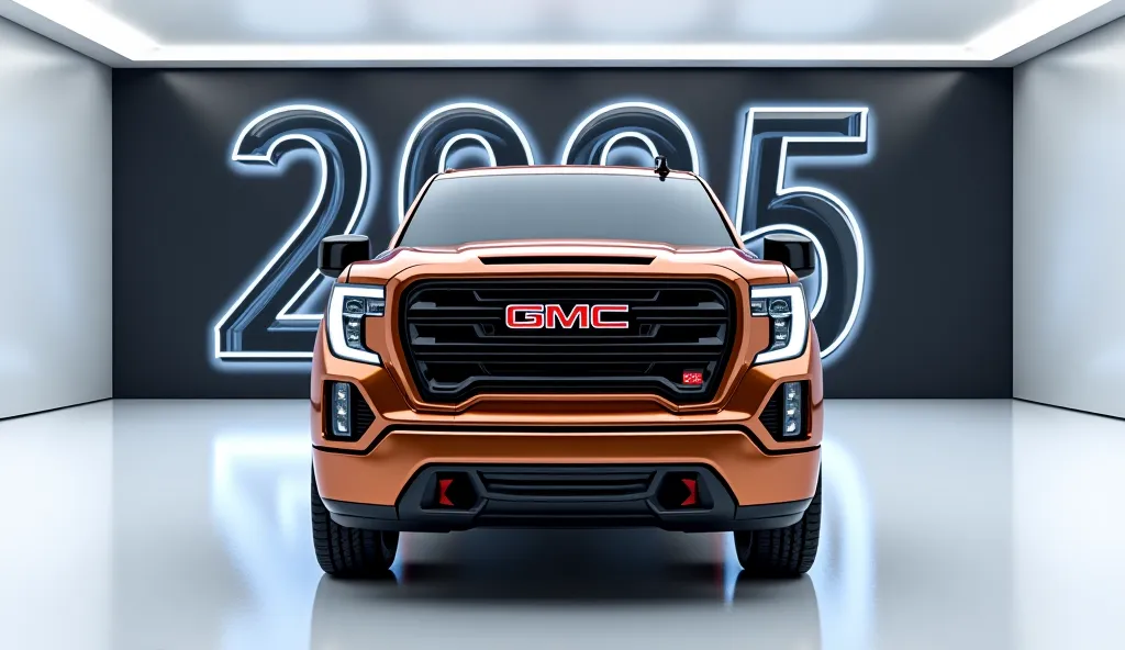 A captivating image of a 2025 GMC Sierra  1500  taking center stage in a luxurious white showroom. The futuristic, vibrant brown  exterior gleams, showcasing its sleek, aerodynamic design and bold accents. The words "2025 GMC SIERRA 1500" are prominently d...