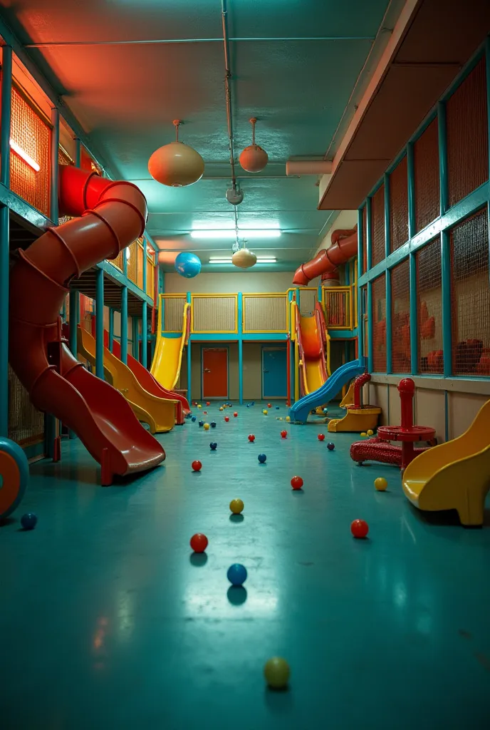 "An empty, nostalgic indoor ren's playground with colorful slides, plastic balls scattered on the floor, dim soft lighting, a slightly blurry and surreal atmosphere, oversaturated colors, and a subtle eerie feeling."