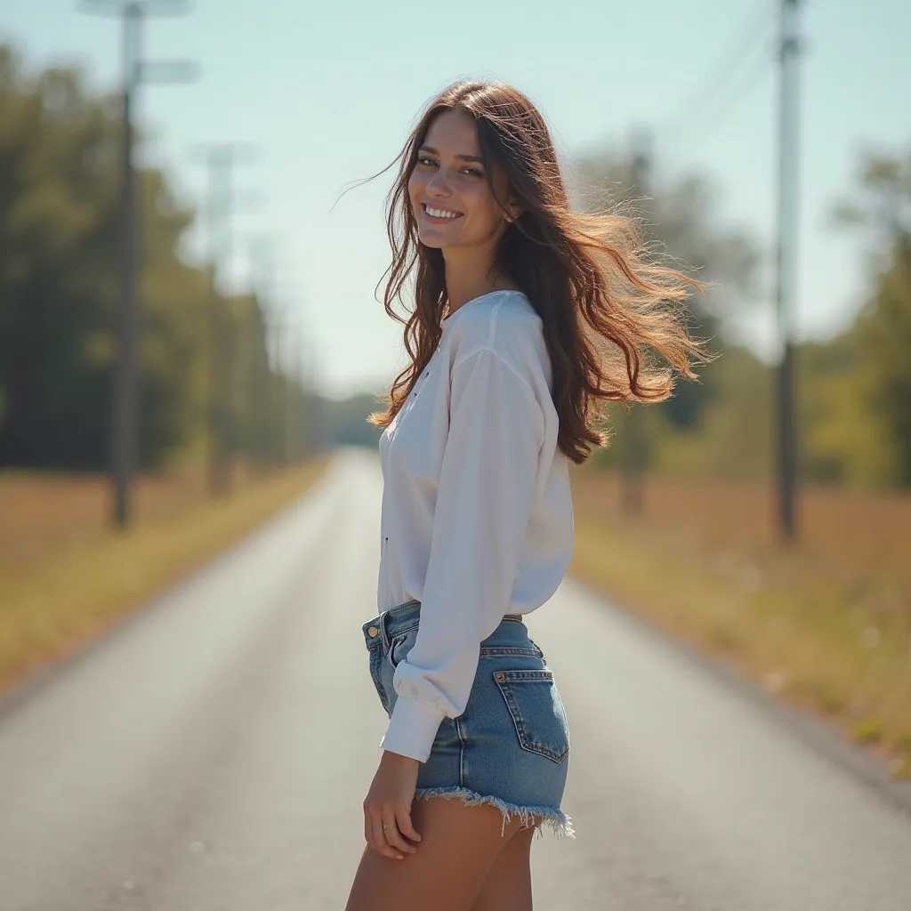 Woman standing at the fork of the road、woman standing at a fork in the road looking back and laughing、Standing figure is a full body、Laughing while looking back、My Long Hair Flutters in the Wind、An Invisible Path、 asphalt、 white long sleeve shirt、denim sho...