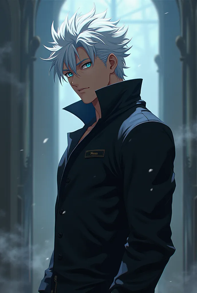 A masculine anime character wears black clothes and has white hair, blue eyes and muscles that fit the body