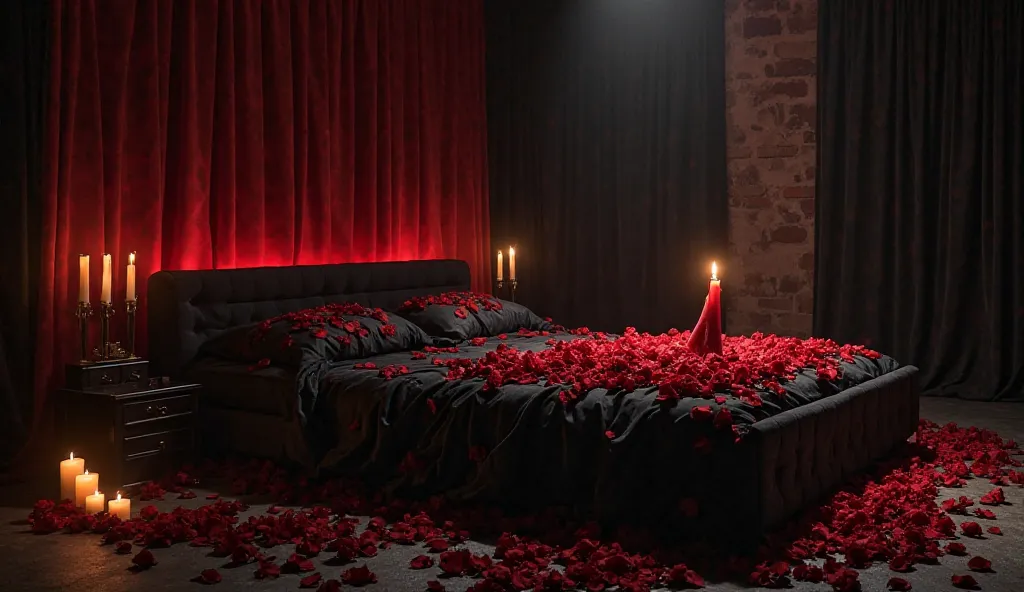 A luxurious room with a low light and everything is mysterious. The bed is black and made in width with red flowers, flowers on the ground, candles and a candle on the bed, working like a scepter from here. From here, the bed has red roses. The quality is ...