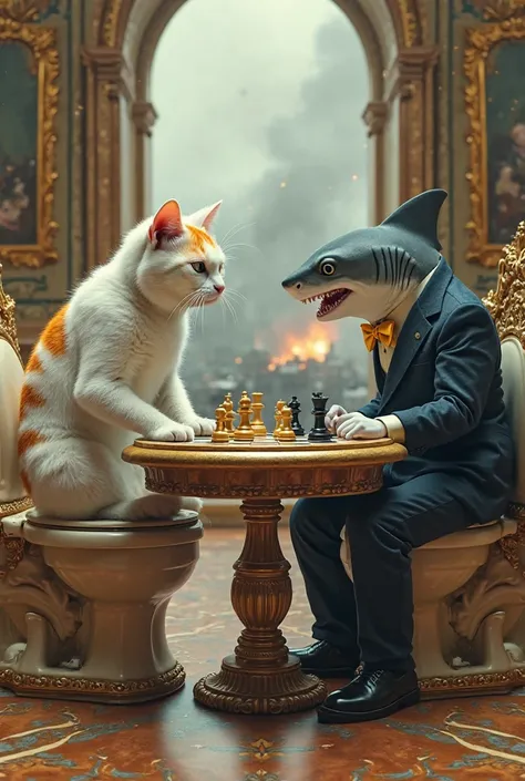 White cat with Orange stripes in a fancy suit sitting in a toilet playing chess with a shark in a fancy suit sitting on a toilet while there is a war