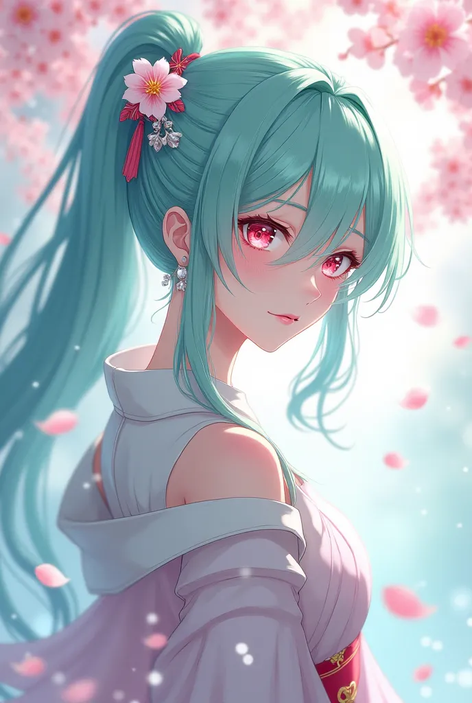 Mint-colored hair, long ponytail, eye color, pink, red and white, Japanese style hair ornament, Yozuki, Sakura, Fubuki
