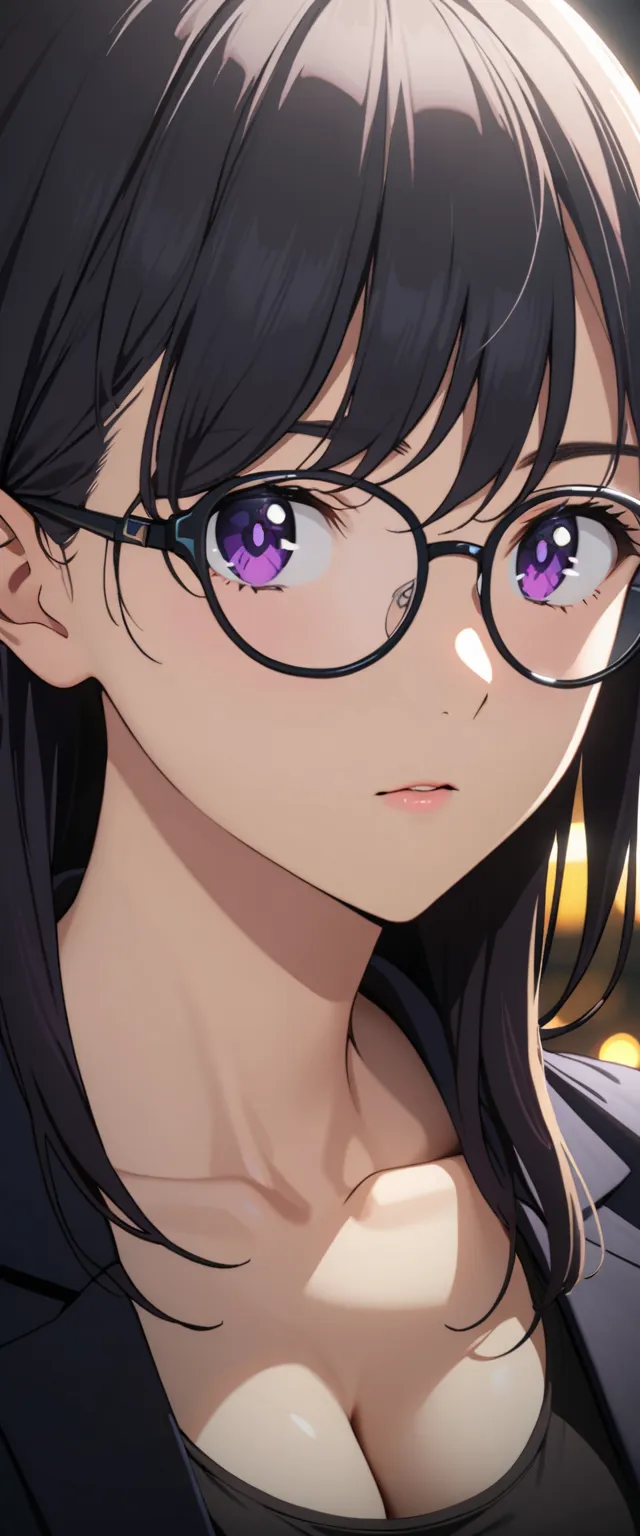 Hizuru Minakata, 1girl, black hair, long hair, shiny and well-defined hair strands, purple eyes, perfect facial symmetry, beautiful breasts, wearing a black jacket, black tank top, black trousers, suit, glasses, black rim glasses, high quality, high resolu...