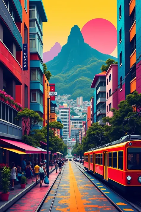 Generate pop art style images of the city of Medellin。contains the following elements( subway cable, Corte Herville, city, Carriel of Paisa, sailor's picture, Peñol of the Rock)