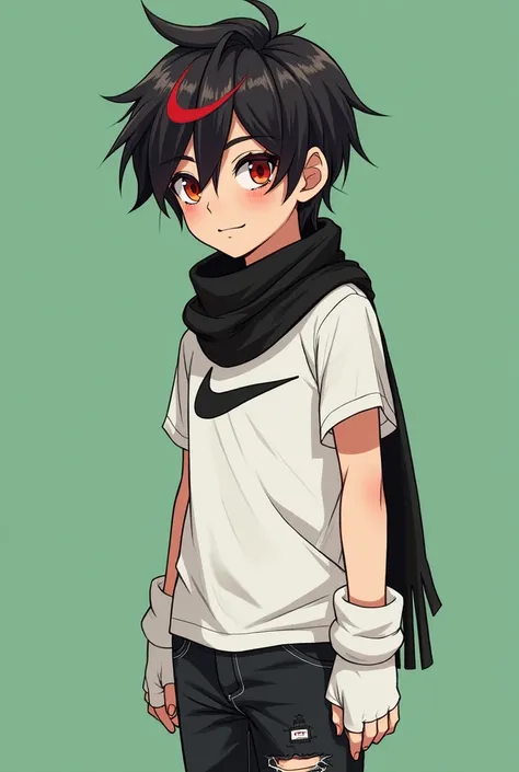 Drawing of a boy with black hair with reddish highlights,All green wallpaper , white Nike shirt, black jeans with slight rips, no reflection of anything, beautiful,with a black scarf,with white warmers 