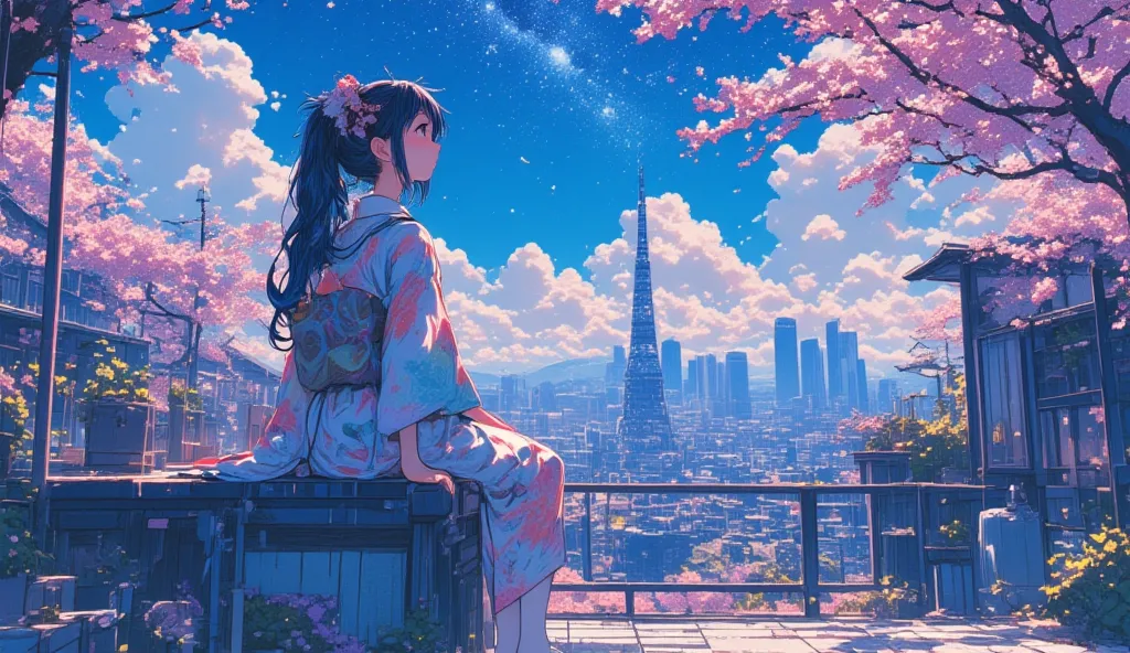  1980s comic ，A young Japanese woman in a flowing pastel yukata sits peacefully on traditional ceramic tiles, stargazing at the Milky Way above Tokyo's skyline. Anime art style, soft moonlit glow, cherry blossoms floating, Studio Ghibli-inspired dreamy atm...