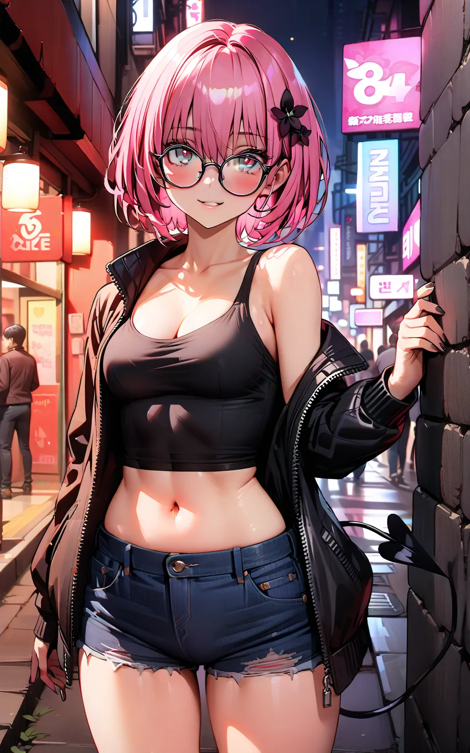  score_9,  score_8_up,  score_7_up,  source_anime,
モモデbuildingケ, モモ・デbuildingーク, demon Tail,  Hair Flower, hair ornaments close to the garden, purple eyes, pink hair,  short hair, Medium breast,cleavage,Tail,riders jacket,tank top outside of anime,Underbom...