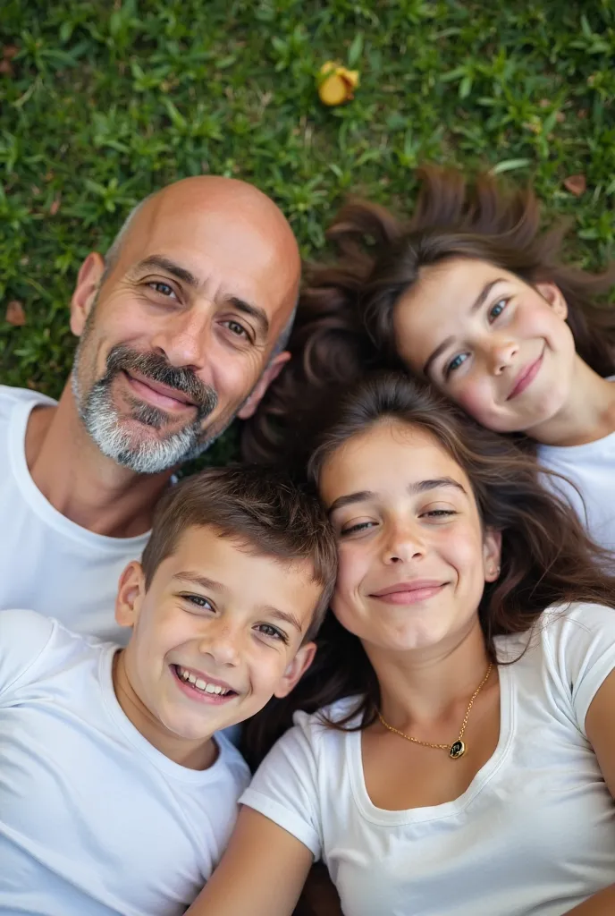 Image is a family portrait featuring four individuals lying on grass in a natural outdoor setting. The group consists of two adults and two ren. The adult male has a bald head, a light beard, and fair skin, wearing a white t-shirt. The adult female has lon...