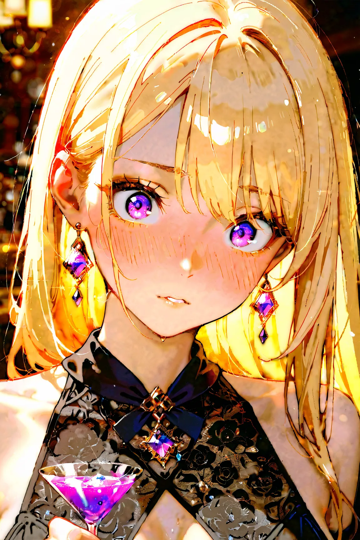 1girl, long blonde hair, hair inbetween eyes, cute, detailed eyes, purple eyes, facing viewer, sexy, welcome to Enigma, holding a cocktail, formal attire, black and gold dress, High Resolution, Masterpiece, Accurate, Anatomically Correct, Best Quality, Det...