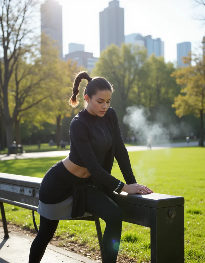 Mid-range shot of Eden, a 23-year-old fitness enthusiast from Hamburg, stretch her legs on a park bench, Before she goes jogging. She is wearing tight-fitting black running leggings, a long-sleeved sports top and a lightweight windbreaker. Her dark hair is...