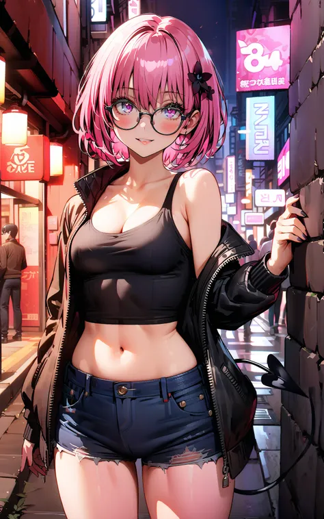  score_9,  score_8_up,  score_7_up,  source_anime,
モモデbuildingケ, モモ・デbuildingーク, demon Tail,  Hair Flower, hair ornaments close to the garden, purple eyes, pink hair,  short hair, Medium breast,cleavage,Tail,riders jacket,tank top outside of anime,Underbom...