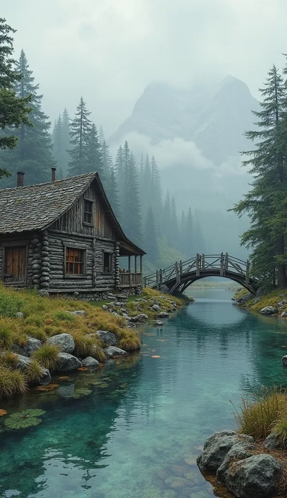  a crystal clear river   , a cabin with a chimney , A bridge of loss , a cloudy sky , ultra realistic