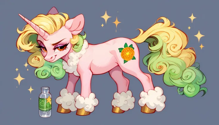 pony unicorn alone , adult mare, light pink wool, light yellow mane with green strands, orange eyes, kind face expression, on a cutie mark in the form of a bottle surrounded by purple stars, light yellow tail with green strands, stands on four hooves, solo...