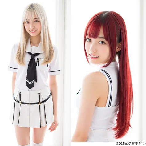 Silky smooth hair、Three hair colors: white blond hair, black hair, and red hair、Flush the bangs、 hairstyle is straight、Long hair up to chest、brown skin、uniform、、ponytail、miniskirt、High school girl style knee-high socks、1 girl, 