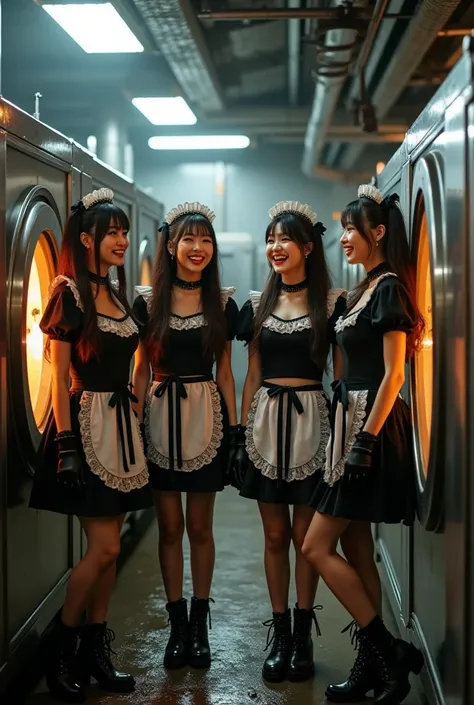 Serious floor cleaning in the oven at a bread factory、4 Kpop actresses wearing goth-lolli-style maid clothes are laughing